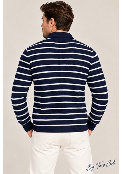 Erkek Çizgili Polo Yaka Triko Kazak Slim Fit Uzun Kollu Pamuk Akrilik Karışımlı Lacivert