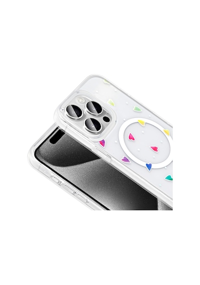 Techaks Apple Uyumlu iPhone 15 Pro Kılıf M-safe Şarj Özellikli Şeffaf Zore Folk Sert Kapak - Kalp Beyaz
