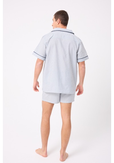L'espadon Marısılk Seastrıpe Erkek Yazlık Şortlu Gömlekli Pijama & Lounge Takımı-3178 Mavi