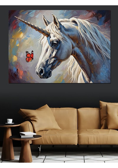 Ahşap Tablo Uçan Kelebekli Beyaz Unicorn Dekoratif Tablolar