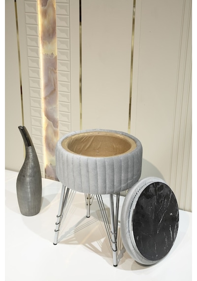 Bianco Metal Ayaklı Puflu Zigon Sehpa Krom Gümüş Gri Chrome Silver Gray