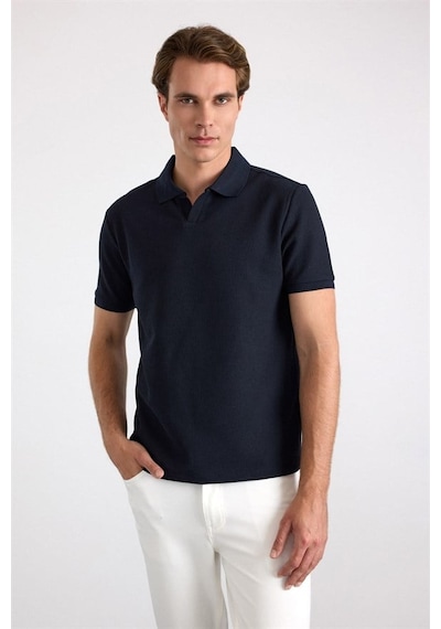 Süvari Lacivert Regular Düz Baskısız Waffle V Pat Polo Yaka Tişört Sts1014000005-m09