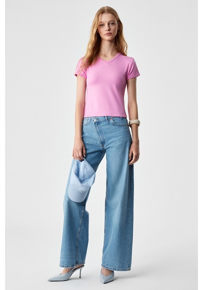Ethıquet  MASROUTI Kadın Slim Kısa V Yaka Kısa Kol Pembe T-Shirt