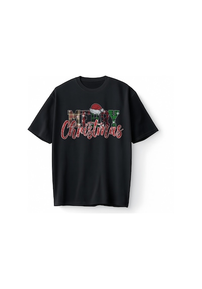 Bumeta Glitter Merry Christmas Noel Oversize Unisex Tişört T-shirt Siyah