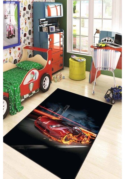 Kırmızı Kaymaz Tabanlı Yıkanabilir Arabalı Çocuk Halısı Kd75n11