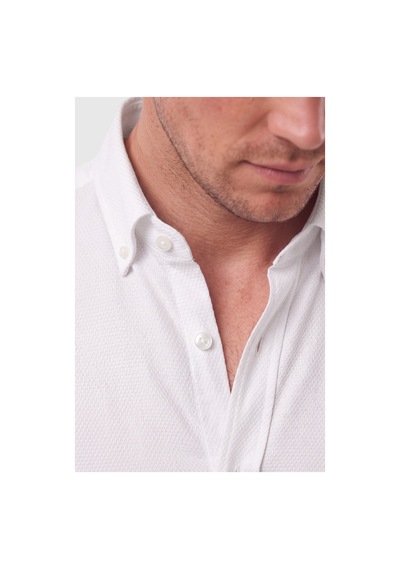 Deepsea Erkek %97 Pamuk Slim Fit Dar Kesim Petek Dokulu Likralı Örme Beyaz Gömlek 2600707