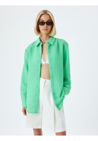 Koton Oversize Gömlek Dokulu Uzun Kollu Yeşil 4sak60179ew Yeşil