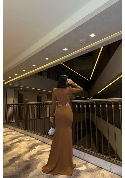 DefyModa Kadın Bisiklet Yaka Taş Detaylı Uzun Kollu Abiye Elbise Vizon