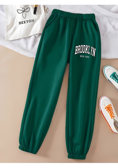 Brooklyn New York Eşofman Altı Jogger - Baskılı Lastik Paça Yüksek Bel Yeşil