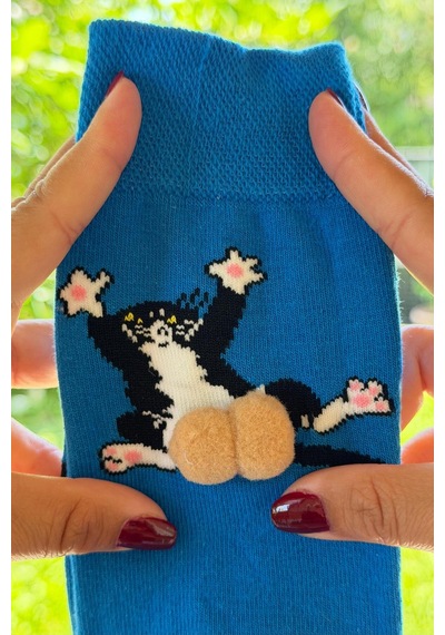 Lousocks Unisex Lacivert Sırtüstü Kedi Desenli Ponpon Soket Çorap