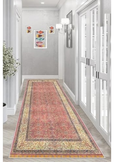 Pelangi Osmanlı Motifler Desenli Etnik Dijital Baskı Yıkanabilir Kaymaz Taban Salon Halı Ve Yolluk, Kiremit 100 X 50 Diğer