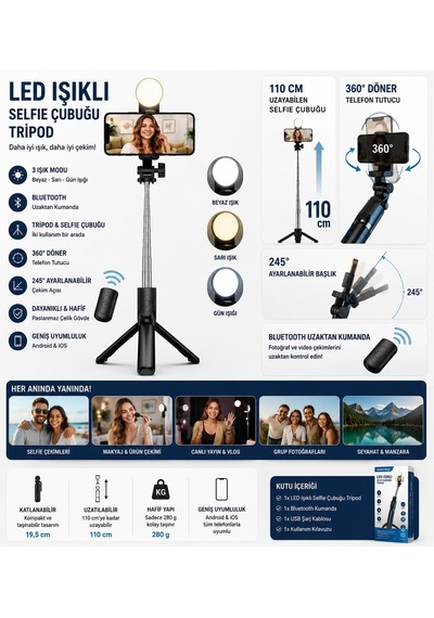 Yolans G4 Led Işıklı Selfie Çubuğu Tripod, 113 Cm Uzayabilen Bluetooth Kumandalı Selfie Stick, 3 Işık Modlu Beya