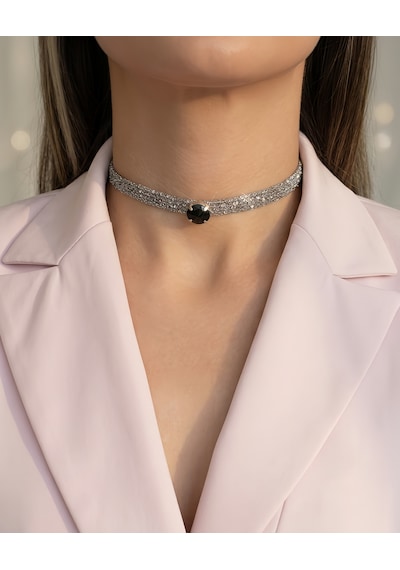 Kordon Zincir Örme Kristal Taşlı El Yapımı Choker Tasma Siyah Silver Renk Kolye