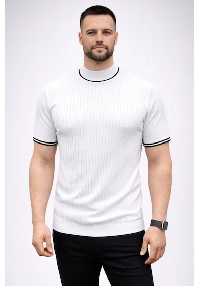 Efnaz Style Erkek Fitilli Triko Dokuma Kısa Kol Tişört Yarım Boğaz Modern Yazlık T-shirt - Beyaz