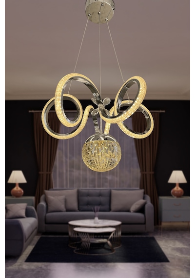 Kıvrım Tekli Kristal Top Simli Slikonlu Modern Oturma Led Avizesi - Kumandasız / Krom Krom
