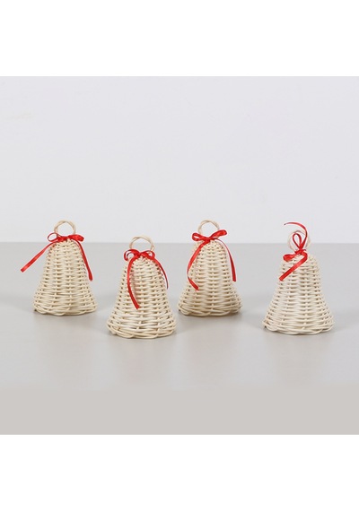 Yılbaşı Dekoru Beyaz Kurdelalı Rattan Çan 10x7 Cm