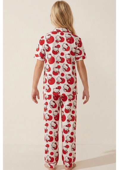 Siyah İnci Hello Kitty Lisanslı %100 Pamuk Pembe Çok Renkli Düğmeli Biyeli Pijama Takım 26120451 Beyaz