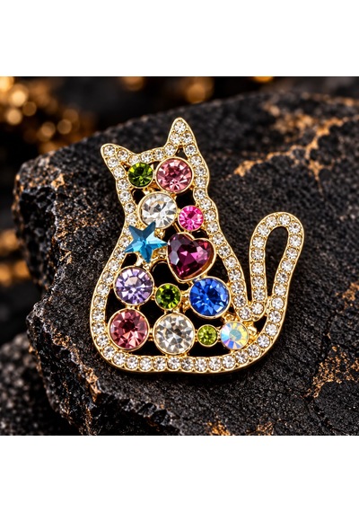 Cats & Meow Kedi Figürlü Renkli Kristal Taşlı Altın Renk Kadın Broş