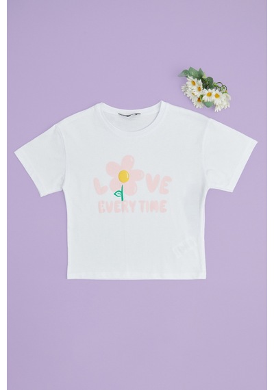 Fullamoda Love Every Time Baskılı Kız Çocuk Crop Tişört Beyaz