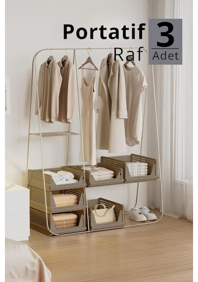 Mithra Life 3 Katlı Kayar Raf Organizer Dolap İçi Kıyafet Aksesuar Düzenleyici Bej 45x35 Cm Mıt1259 Diğer