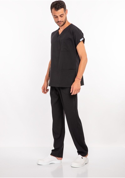 Unisex Soft Likralı Siyah Doktor Hemşire Nöbet Üniforma Takımı Scrubs Siyah Siyah