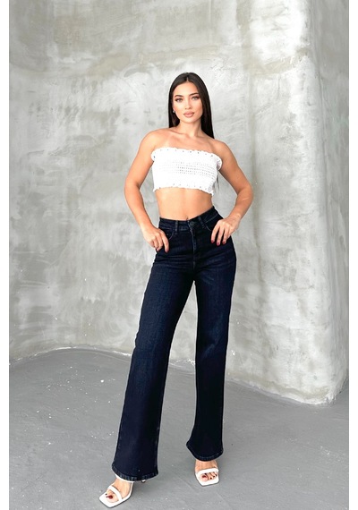HLT Jeans Blue Black Kadın Wide Leg Jean Yüksek Bel Palazzo Likralı Esnek Kot Pantolon Jessica-2041 Blue Black