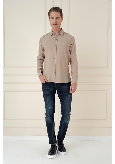Efor Slim Fit %100 Modal Uzun Kol Klasik Bej Gömlek Gk 743 Bej