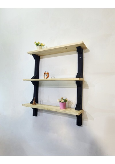 Modern 3 Katlı Ahşap Duvar Rafı Dekoratif Masif Ahşap Kitaplık Ve Duvar Rafı Siyah - Ahşap