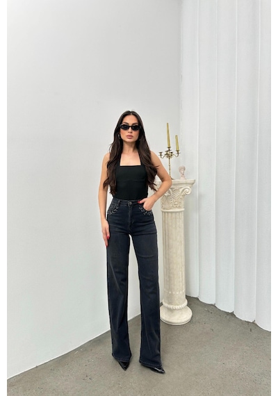 Lacarino 7984 Wide Leg Kadın Jean Pantolon Siyah Taşlı