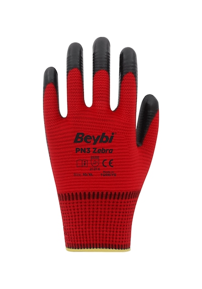 Beybi Pn3 Polyester Örme Nitril Eldiven No: 10 - Kırmızı Siyah