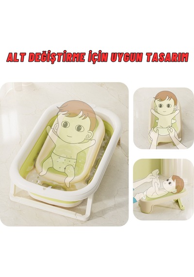Katlanabilir Silikon Bebek Besleme Ve Yıkama Banyo Oturağı Alt Değiştirme Sehpası Yeşil