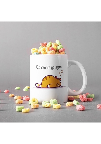 Hediye Kedi Baskılı Ep Isterim Yatayım Yazılı Kupa Bardak Beyaz