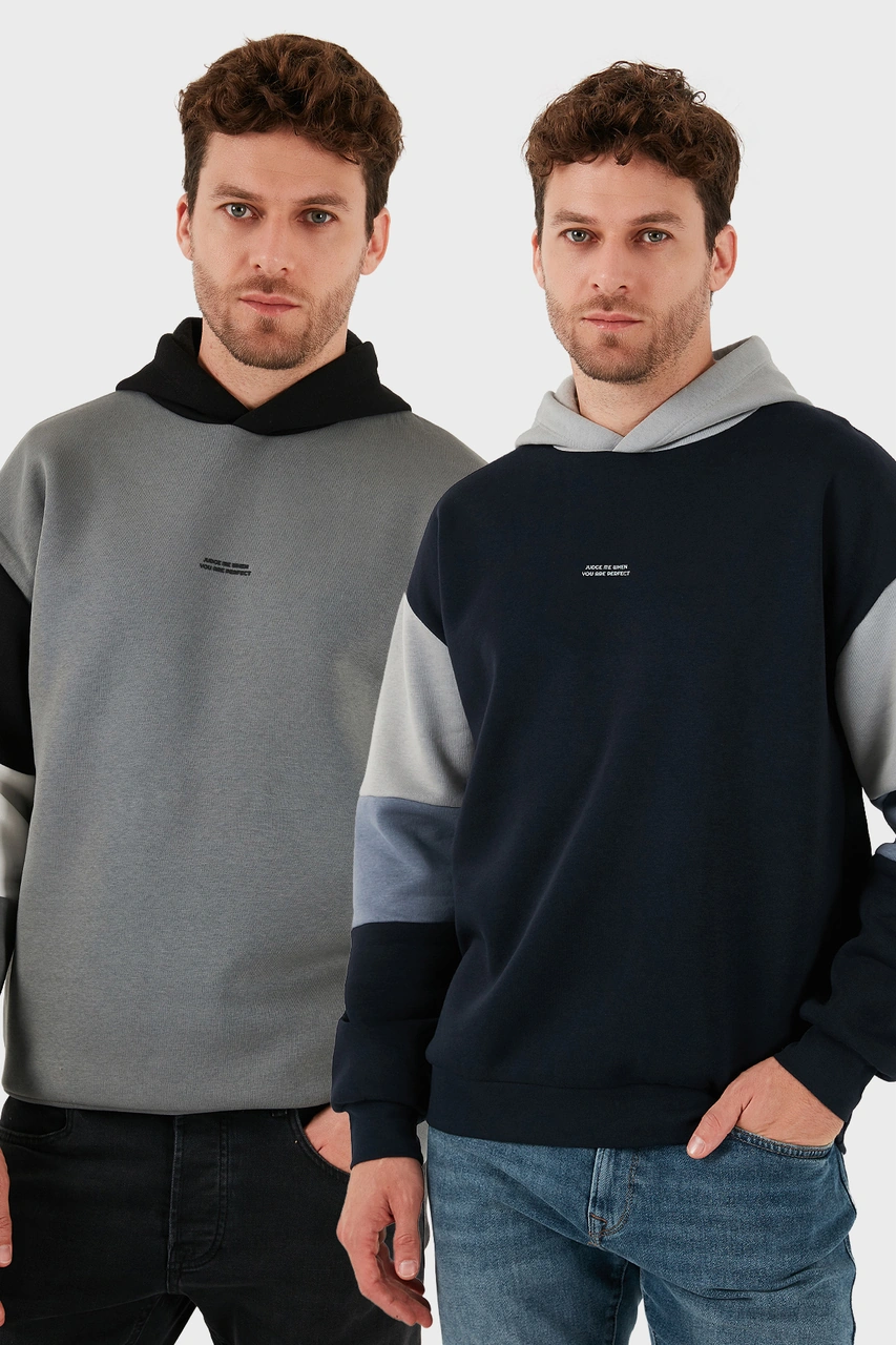 Buratti Pamuklu Relaxed Fit Kapüşonlu Içi Tüylü Yumuşak Şardonlu 2' Li Paket Erkek Sweat 5905299S2 Açık Haki-Koyu Lacivert