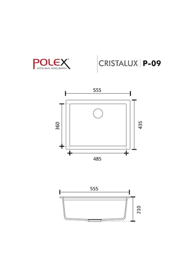 Polex Cristalüx Granit Evye P-09 Gri Tezgah Altı Ve Tezgah Üstü Kare Mutfak Evyesi 55.5x43.5 CM