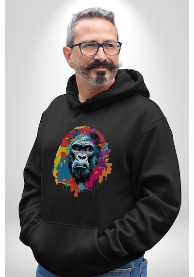 Renkli Maymun Goril Kadın Erkek Siyah Kapüşonlu Sweatshirt Hoodie Siyah