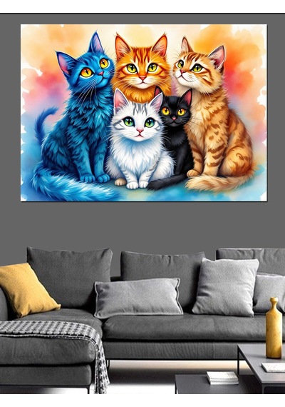 Renkli Gözlü Kedi Ailesi Dekoratif Kanvas - Mdf Ahşap Tablo