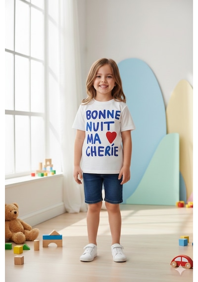 Monila Kız Çocuk Beyaz Baskılı Pamuklu Bisiklet Yaka T-shirt Ekru
