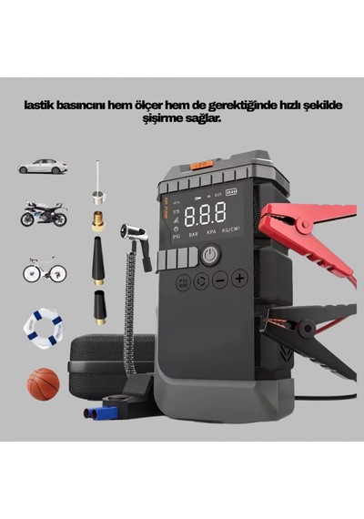 4 Fonksiyonlu Akü Takviye Cihazı Ve Dijital Lastik Şişirme Kompresörü Powerbank Led Işıklı