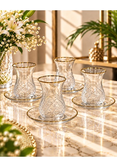 4lü Gold Line Kristal Desenli Çay Bardağı Takımı-7940 Şeffaf