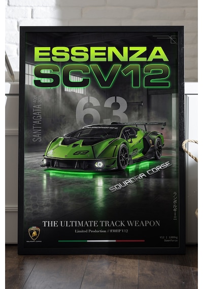 Lamborghini Essenza Siyah Ahşap Çerçeveli Poster, Dekoratif Araba Duvar Tablosu