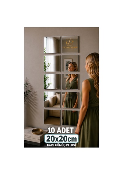 10 Adet 20x20cm Kare Gümüş Pleksi Ayna Kendinden Yapışkanlı Dekoratif Duvar Aynası Seti Kendinden Yapışkanlı Duvar Dekoru Gümüş