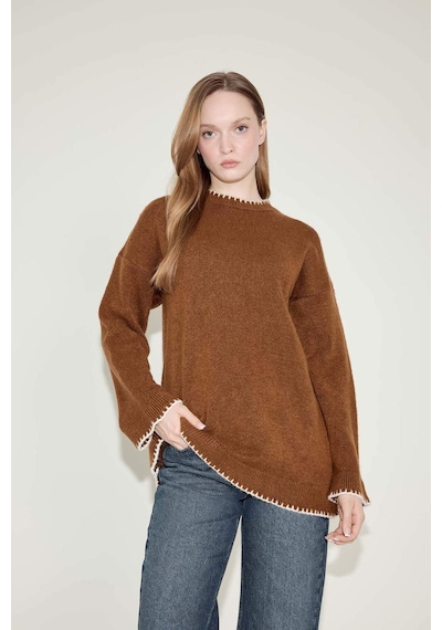 Defacto Regular Fit Bisiklet Yaka Triko Kazak Tunik G6342ax25wnbn467 Kahve-bn467