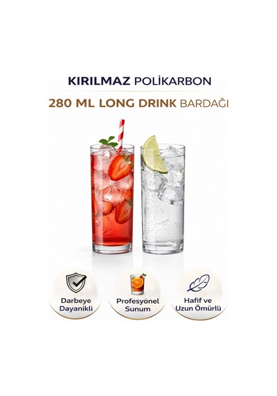 Polikarbon Kırılmaz 280 Ml Long Drink Bardağı Cam Görünümlü Şık Tasarım Şeffaf