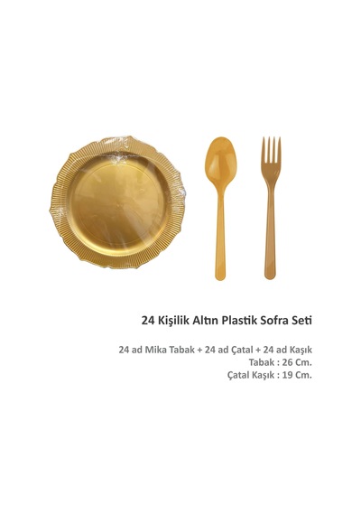 Omeyva 26 Cm. Altın Sorfa Sunum Seti - Sert Mika Plastik - 24 Kişilik Tabak Çatal Kaşık Takımı