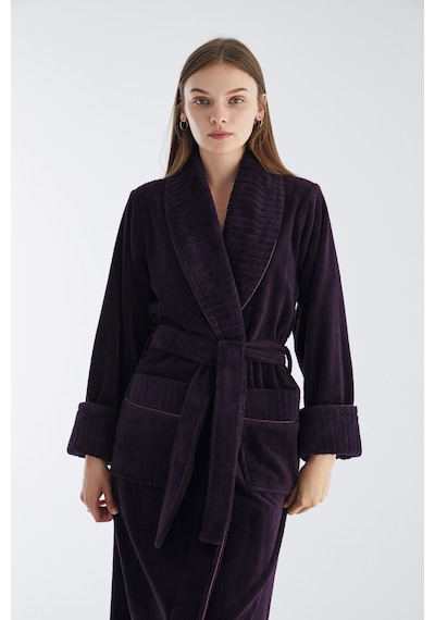 Yaka Fitilli Triga Bambu Cotton Bayan Bornozu Mor