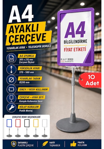 10 Adet - A4 Ayaklı Çerçeve Seti Yuvarlak Tabanlı Teleskopik Fiyat Etiketi Standı Mor
