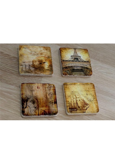 Kolaj Rönesans Eyfel Kulesi Ve Eski Savaş Gemisi Doğal Taş Bardak Altlığı 4'lü Set - Natural Stone Coasters - Taş Çok Renkli