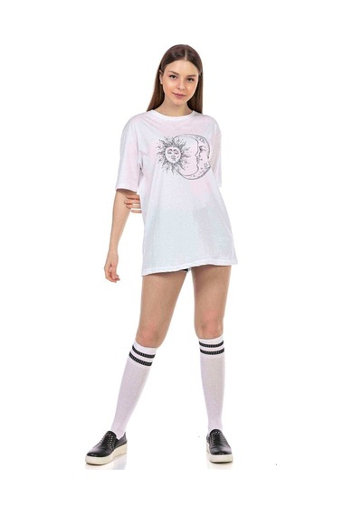 Kadın Oversize Moon & Sun Baskılı Tshirt (534304766)