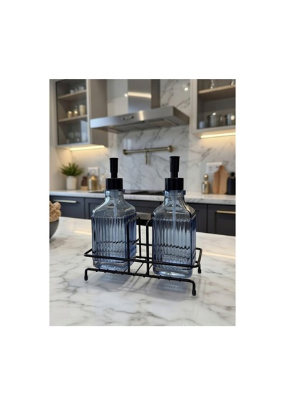 Modern Çizgili Cam İkili Sıvı Sabunluk & Deterjanlık Seti - 500ml Standlı Mutfak Ve Banyo Organizeri Mavi