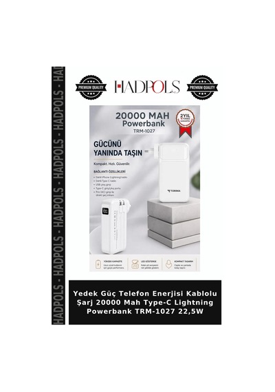 Yedek Güç Telefon Enerjisi Kablolu Şarj 20000 Mah Type-c Lightning Powerbank Trm-1027 22,5w Diğer